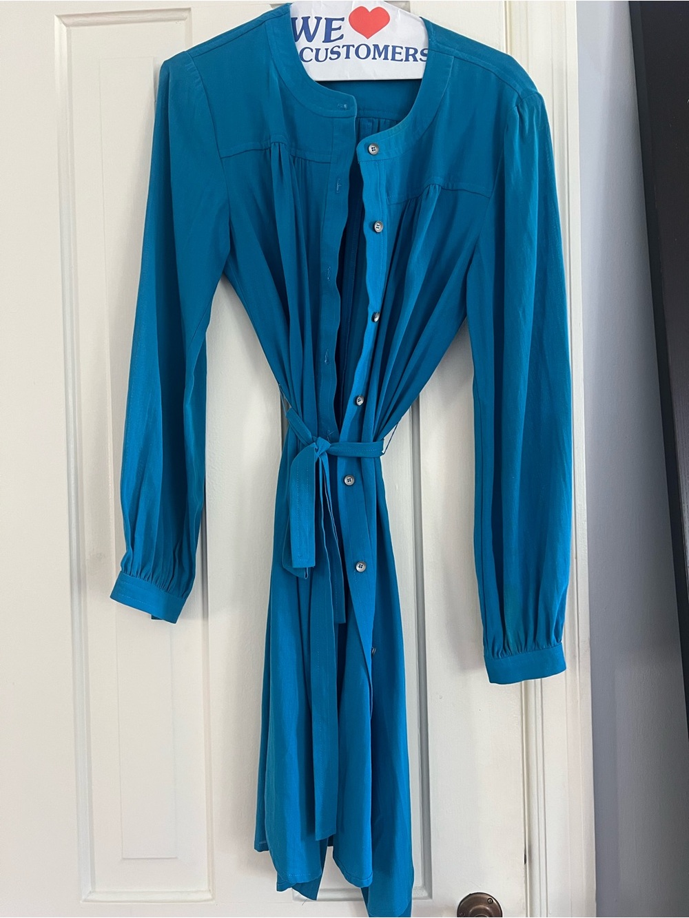 Trina Turk Teal Long-Sleeve Button-Front Tie-Waist Dress